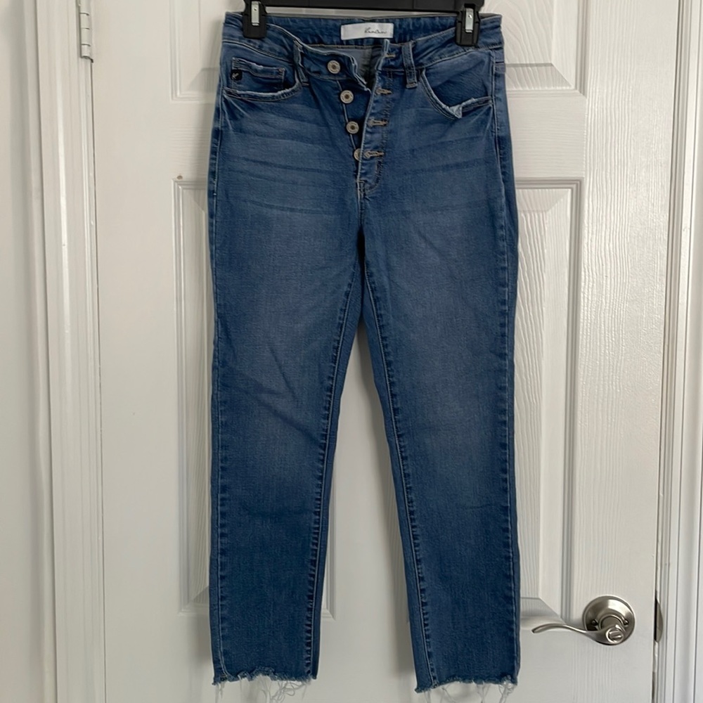 Kancan button fly ankle cropped ripped stretchy jeans